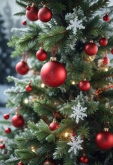 A beautifully decorated Christmas tree with red ornaments and snowflakes in a frosty winter scene, winter, icy, decorations