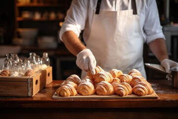 baker arranging croissants in a bakery