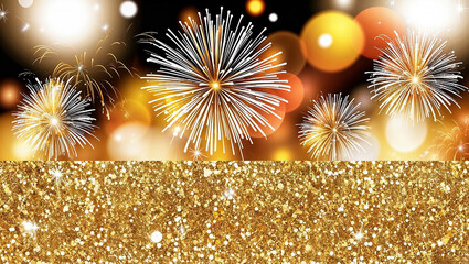 Fototapeta premium Fireworks exploding over a gold glitter background celebrating new year's eve