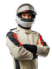 Professional Formula 1 racer in helmet and suit isolated, smiling motorsport driver portrait, young champion athlete in racing gear