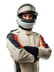 Naadloos Fotobehang Airtex Professional Formula 1 racer in helmet and suit isolated, smiling motorsport driver portrait, young champion athlete in racing gear © Nemanja