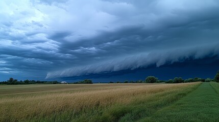 Obraz premium Dark, gray storm clouds fill the sky, creating a dramatic and ominous scene. It looks like a rainy day.