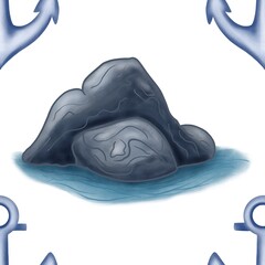 Seamless Pattern: Big Anchor and Rock