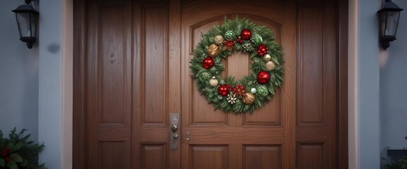 A beautifully crafted wooden door featuring a stunning festive Christmas wreath made from glass ornaments , holiday decor, christmas wreath