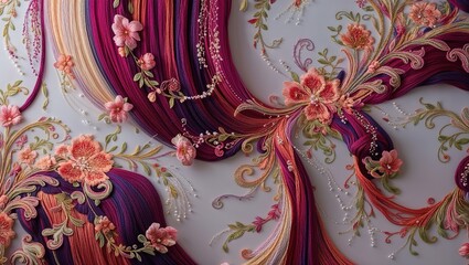 Fototapeta premium Luxurious Thread Embroidery Wall Art with Floral Design on White Background