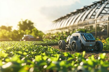 Autonomous agricultural robots tending to crops in a sunny, futuristic farmland, symbolizing innovation and automation in agriculture