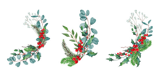 set of Holly branches with leaves and berries traditional natural green and red Christmas and Holidays ornaments isolated on transparent background