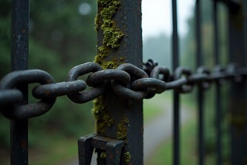 Closed factory gate with chain and padlock, symbolizing the end of an era and the transition to new beginnings. Industrial decline and the shift towards modernization and renewal.