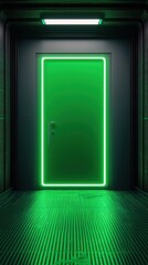 Futuristic Green Door in Dark Corridor with Neon Light Glow