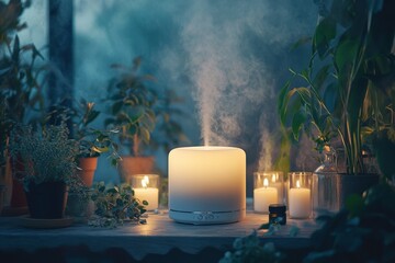 Essential oil diffuser emitting mist with plants and candles around.