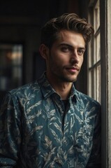 Obraz premium Young man posing thoughtfully by a window with a patterned shirt