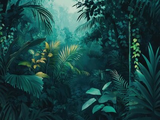Obraz premium A flat design of a lush jungle with dense vegetation and a harmonious tropical palette, artistic side view