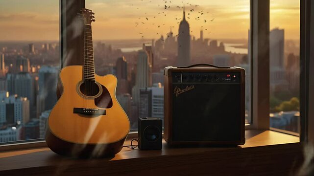 An acoustic guitar and sound box are behind the window at sunset. Seamless 4K looping timelapse video animation background