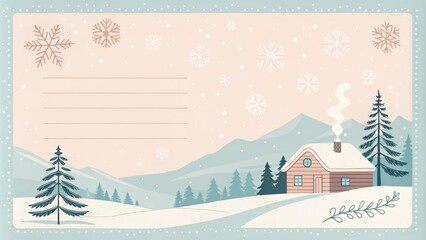 Cozy wooden cabin surrounded by falling snowflakes in a winter wonderland landscape with blank space for text