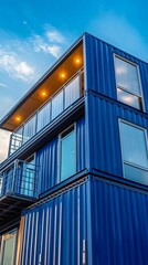 Obraz premium Innovative blue shipping container building against vibrant sky, showcasing modern sustainable architecture and urban design. Perfect for eco-friendly living and creative spaces.
