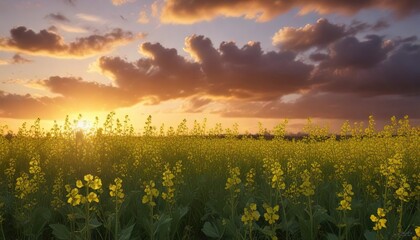 Obraz premium A dramatic view of canola flowers swaying in the wind at sunset, blooms, canola