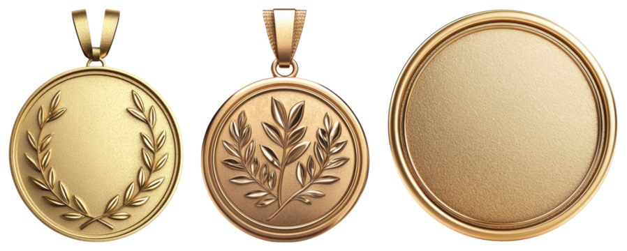 Collection of elegant gold medals with laurel designs