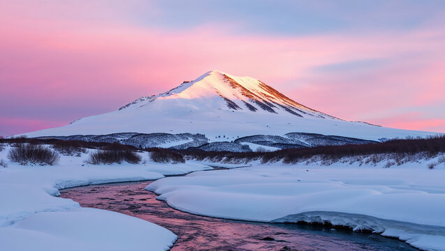 Avachinsky volcano reflecting at sunrise in a snowy landscape with a river flowing