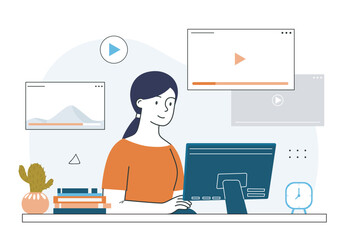 Woman watching media player. Young girl with computer watch videos. Fun and entertainment. Content in social media. Linear vector illustration
