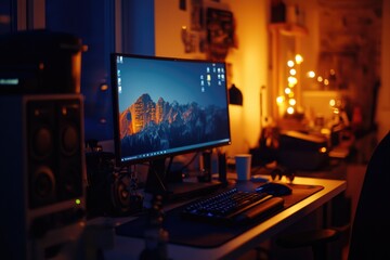 A computer monitor sitting on a desk, suitable for office or work-related contexts