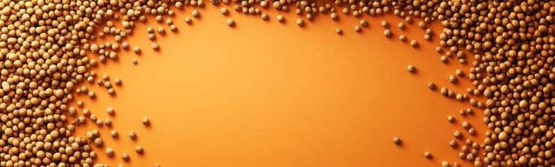 Fototapeta premium Many cumin and coriander seeds all over the orange surface, space for text