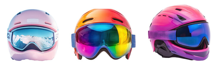 Vibrant ski helmets with colorful visors, snow scenes reflected, enhancing style and protection for winter sports. Isolated on white background or PNG