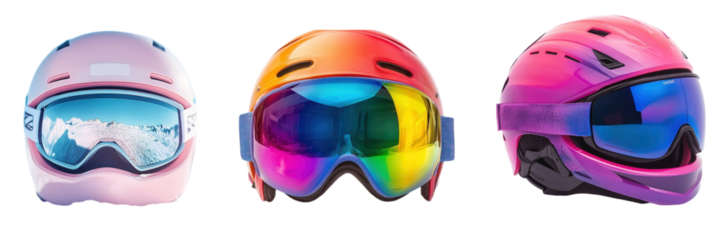 Vibrant ski helmets with colorful visors, snow scenes reflected, enhancing style and protection for winter sports. Isolated on white background or PNG