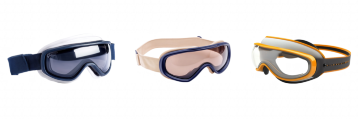 Assorted protective goggles display, different designs, blue and orange accents, white backgrounds, protective eyewear variety Isolated on white background or PNG