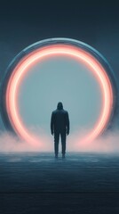 Mysterious Figure Stands Before Glowing Portal in Foggy Environment