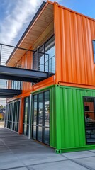 Modern architecture of colorful shipping container building with orange and green exterior and glass windows, showcasing innovative and sustainable design concepts.