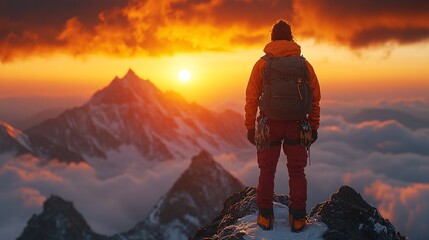 Fototapeta premium Adventurer at the Summit During Sunrise at Everest