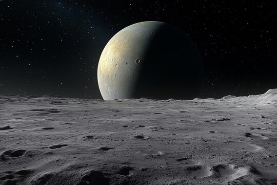 Exoplan&egrave;te rocheuse crat&eacute;ris&eacute;e et sans atmosph&egrave;re vue depuis l'une de ses lunes