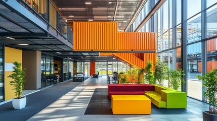caption: Modern office interior featuring vibrant shipping container design, colorful modular furniture, and lush green plants for an inspiring and creative workplace environment.