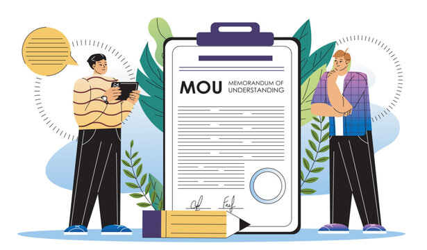 Memorandum of understanding concept. Two men near MOU document. Biusinessmen conclude deal and agreement. Rule and regulation. Flat vector illustration