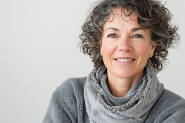 Portrait of a happy woman in her 50s dressed in a comfy fleece pullover isolated in white background