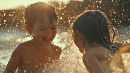 Obraz premium Two Children Playing in Water, Golden Sunlight