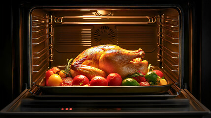 Roasted chicken in oven tray closeup, homemade crispy baked poultry dish, golden brown delicious dinner preparation