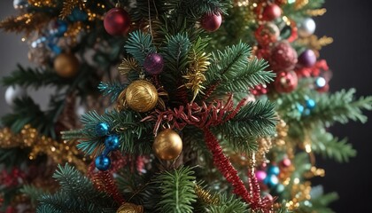 A densely packed bundle of multicolored tinsel strands tied to the top of a small Christmas tree , festive accents, decorative bundles, colorful threads