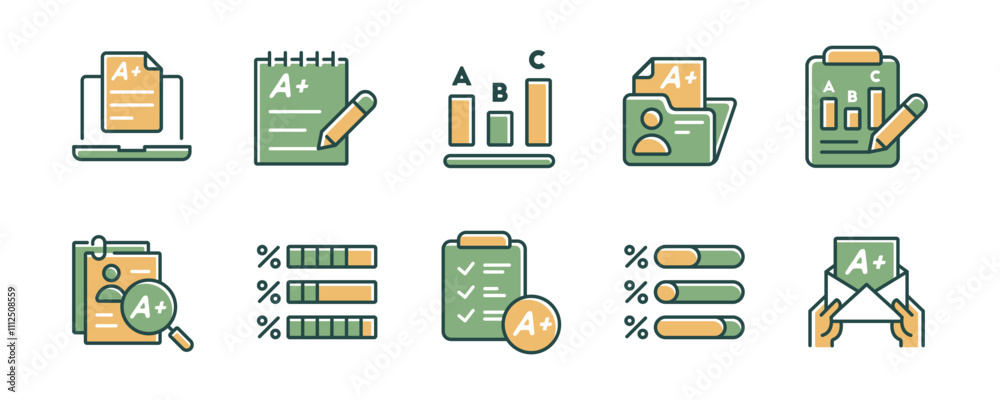 Poster quiz exam score result icon set questionnaire test grade assessment evaluation data education symbol vector illustration for web and app