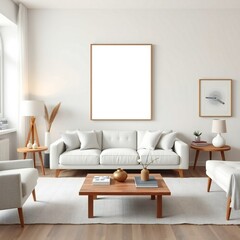 Cozy Modern Living Room Poster Mockup Frame with Plants, Scandinavian Style, 3D Illustration