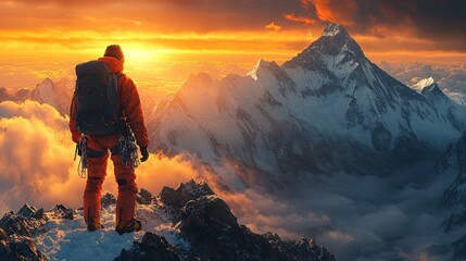Fototapeta premium Climber on Everest at Sunrise with Dramatic Sky