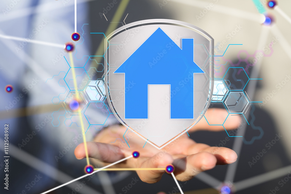 Poster home iot - neural network 3d illustration. big data and cybersecurity