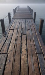 Fototapeta premium An old, weathered dock stretches out into the misty morning, its wooden slats worn smooth by years of exposure to the elements and saltwater , boat dock, natural beauty