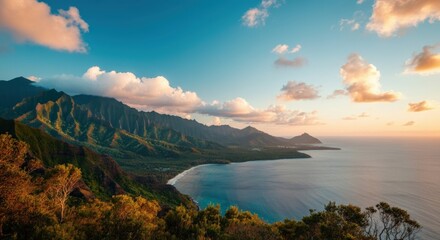 Breathtaking Sunset Over Lush Coastal Mountains