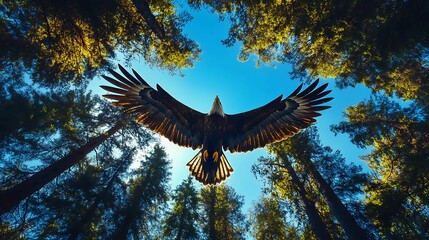 Soaring through the sky, a majestic eagle takes flight amongst the towering trees. Freedom in every feather.