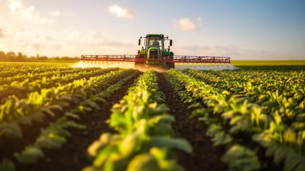 Agricultural Tractor Spraying Crops in a Lush Field at Sunset