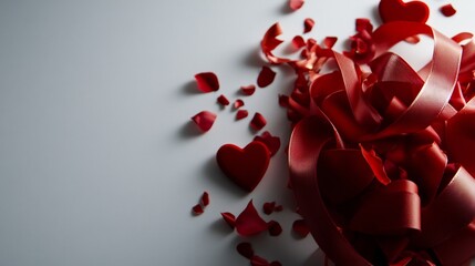 Red ribbon, rose petals, and hearts scattered on a light gray background.