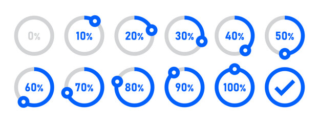 Infographic loading circles and progress circles set with 0 to 100 percent in blue color. Set of circle percentage diagrams for infographics 0 10 20 30 40 50 60 70 80 90 100 percent. Vector icon