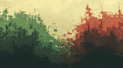 Obraz premium A digital pixel texture that looks aged, with a vintage color palette of muted reds, greens, and browns, reminiscent of classic video games