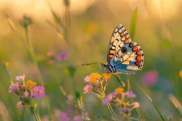 Obraz premium A close-up shot of a butterfly perched on a flower in a lush green field